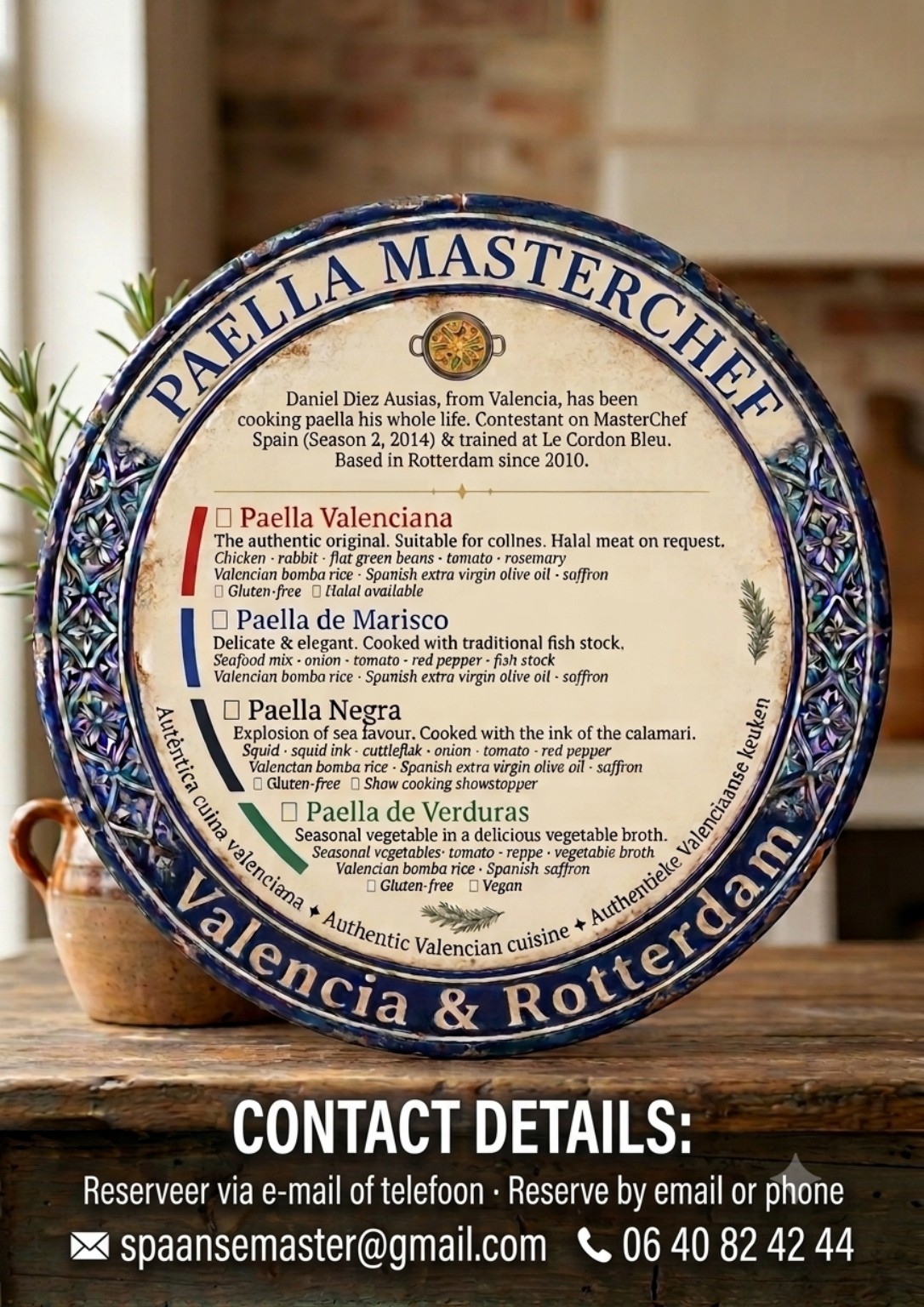 Paella MasterChef menu met contactgegevens